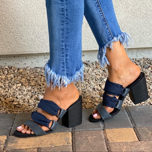 Leather/Fabric Frayed Block Heel Open Toe Mules - Picture 9 of 10